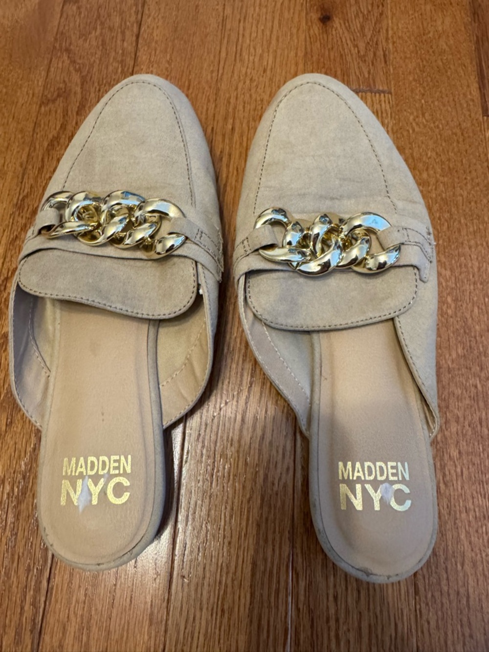 Women's Madden Beige Suede Chain-Trim Mules Size 8